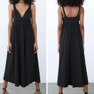 Zara Black Voluminous Poplin Maxi Dress Size S NWT